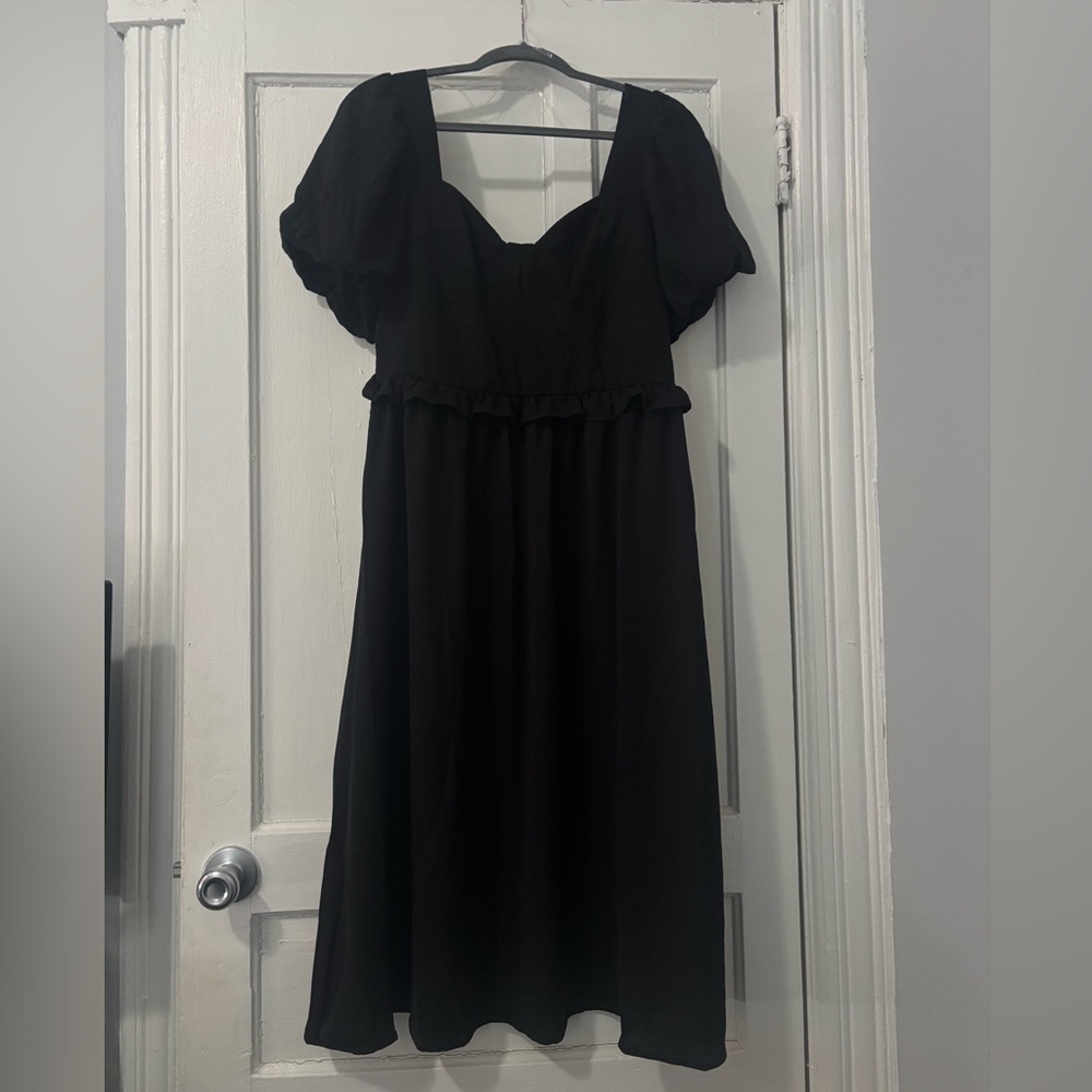 Crystal Doll Black Puff-Sleeve Midi Dress